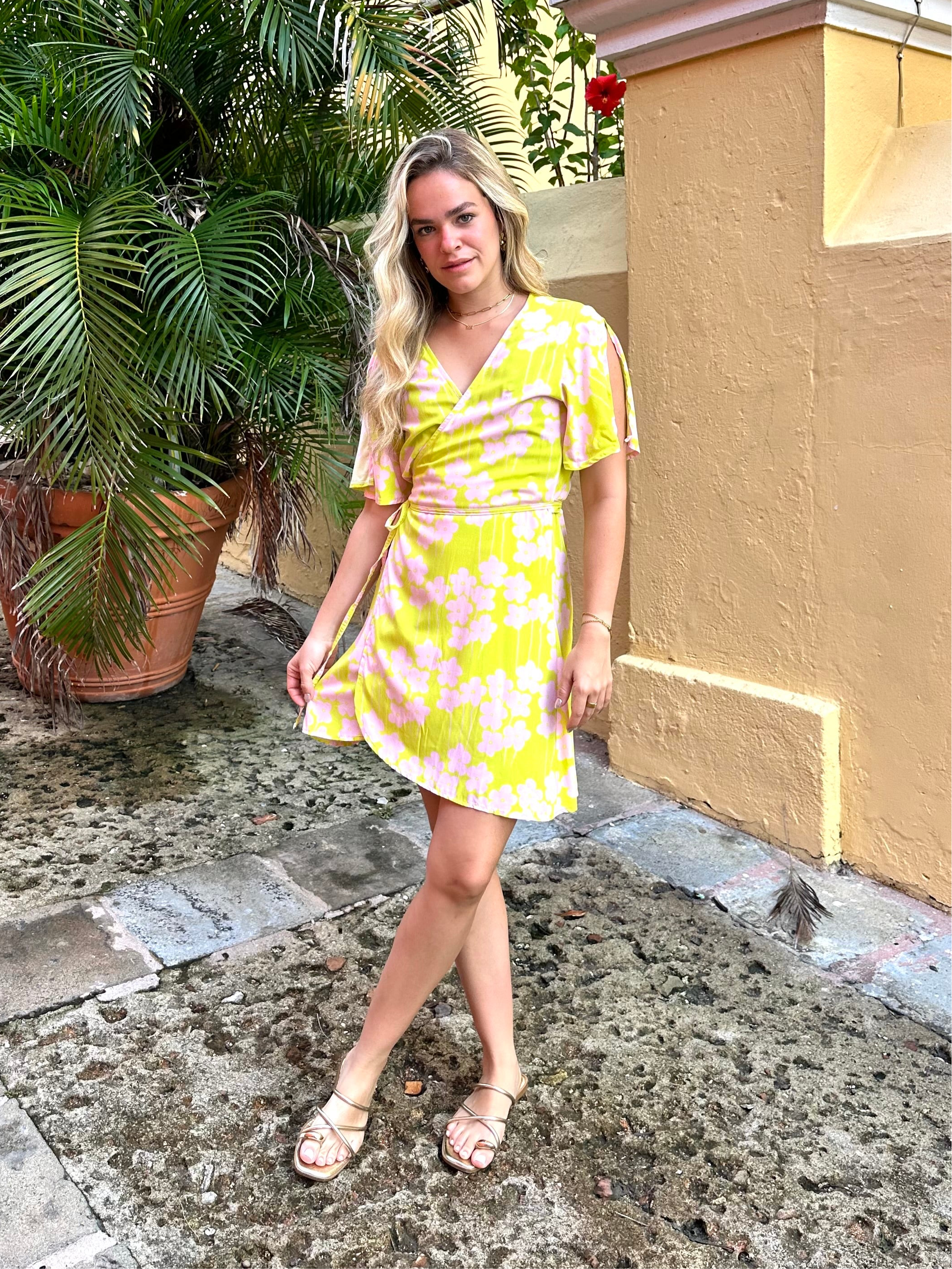 yellow wrap dress short Women's Short Sleeve Wrap Tie Mini Shirtdress